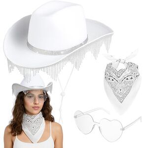 4837 White Cowgirl Hat For Women, Sparkly Cowboy Hat With Sunglasses Bandanas